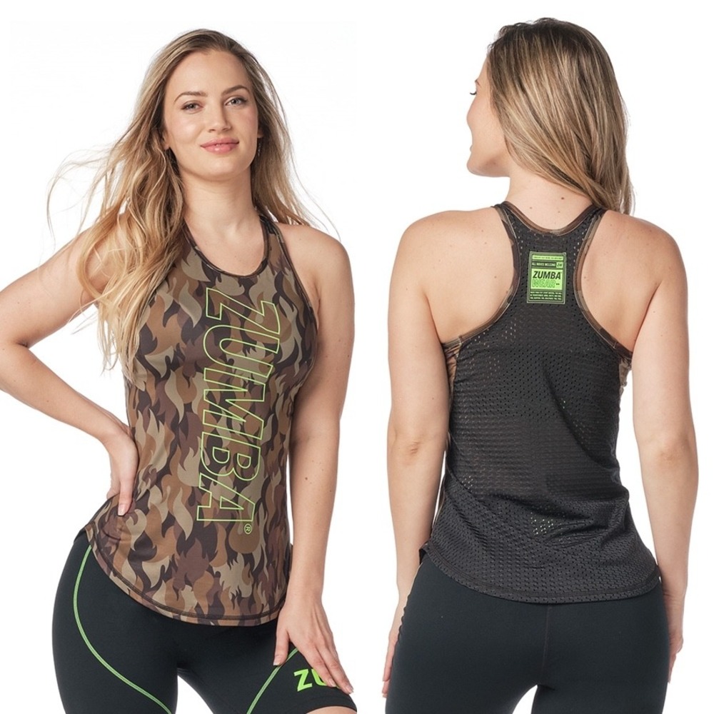 Zumba Wear Racerback Tank Top Medium Camo Green Logo Mesh Back Activewear Gym